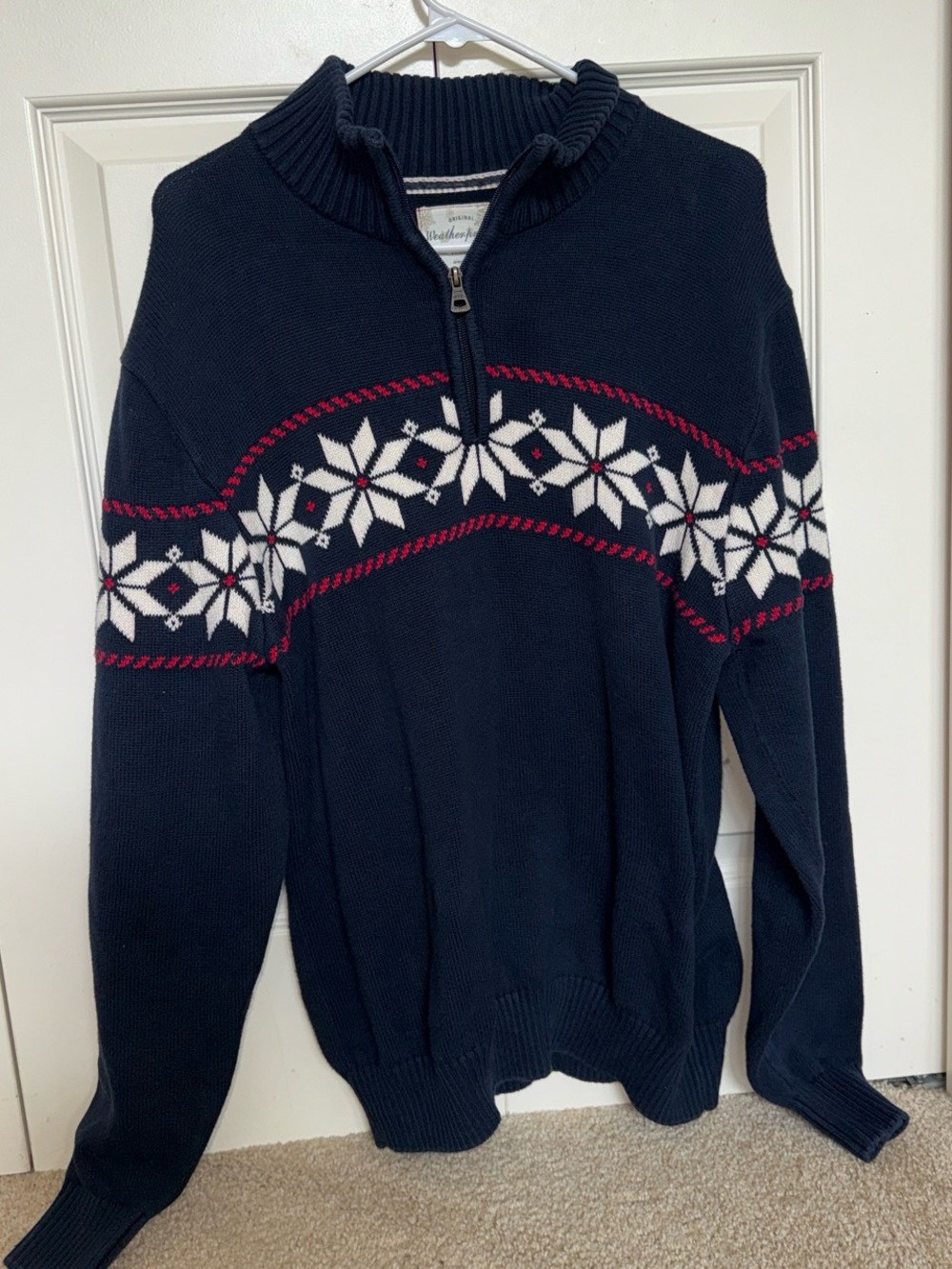 Weatherproof Navy Zip-Up Sweater with White and Red Fair Isle